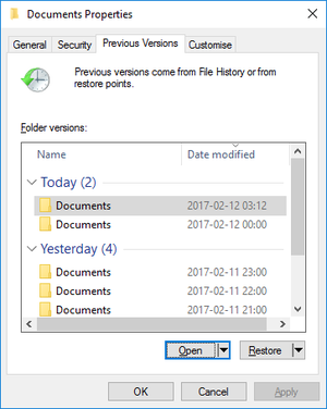 Previous Versions as seen by a Windows client